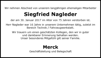 Traueranzeige von Siegfried Nagleder von Trauerportal Echo Online