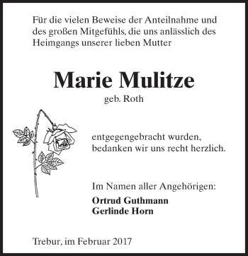 Traueranzeige von Marie Mulitze von Trauerportal Rhein Main Presse