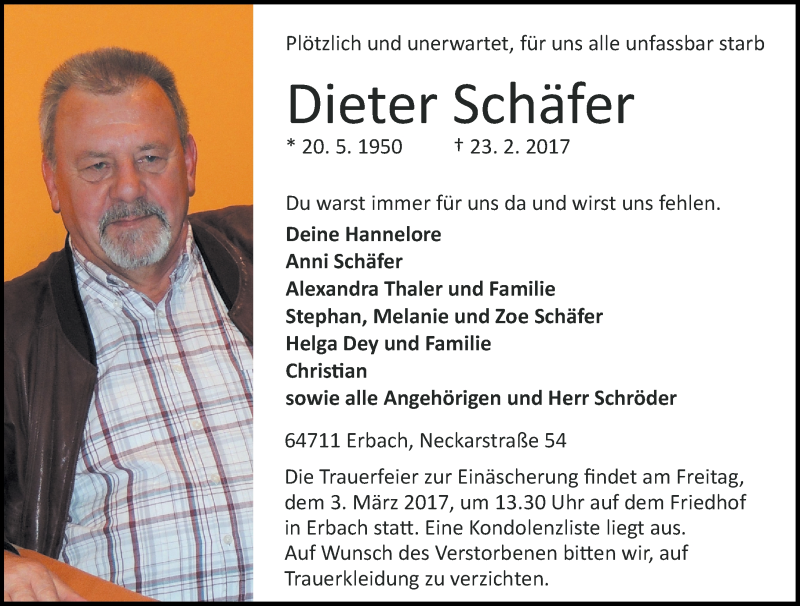  Traueranzeige für Dieter Schäfer vom 01.03.2017 aus Trauerportal Echo Online