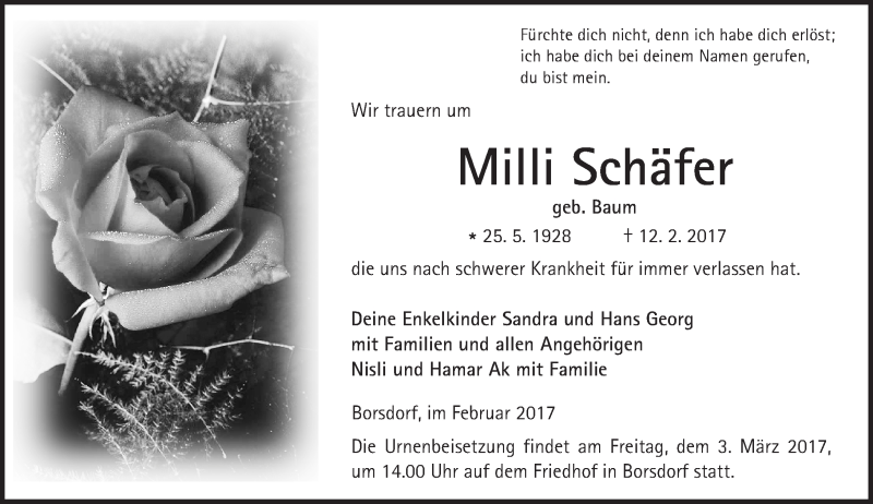  Traueranzeige für Milli Schäfer vom 25.02.2017 aus  Kreisanzeiger