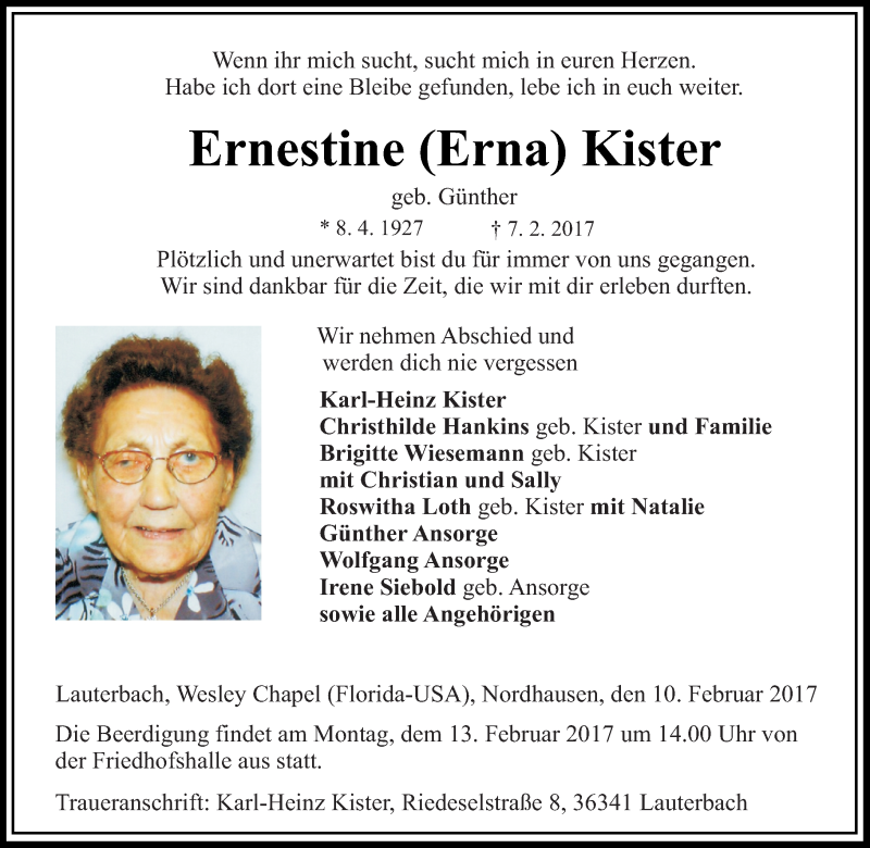  Traueranzeige für Ernestine Erna Kister vom 10.02.2017 aus  Lauterbacher Anzeiger