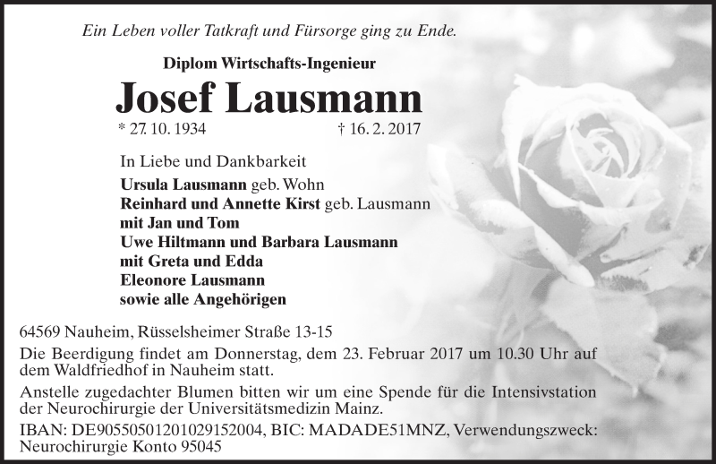  Traueranzeige für Josef Lausmann vom 21.02.2017 aus Trauerportal Echo Online