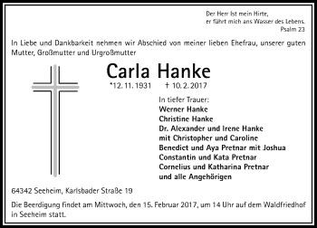 Traueranzeige von Carla Hanke von Trauerportal Echo Online