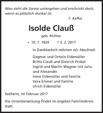 Traueranzeige von Isolde Clauß von Trauerportal Echo Online