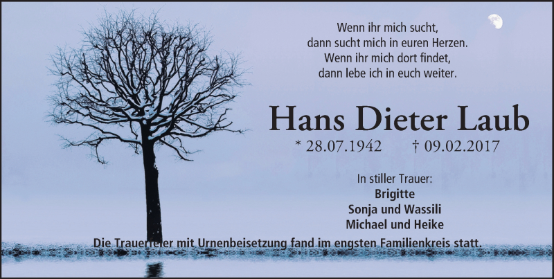 Traueranzeige für Hans Dieter Laub vom 25.02.2017 aus Trauerportal Echo Online