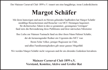 Traueranzeige von Margot Schäfer von Trauerportal Rhein Main Presse