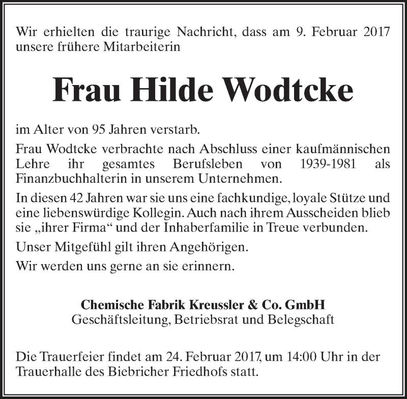  Traueranzeige für Hilde Wodtcke vom 18.02.2017 aus Trauerportal Rhein Main Presse