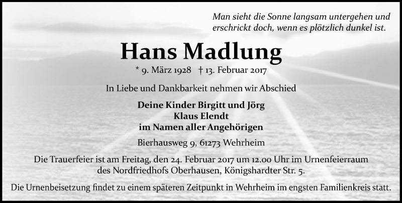  Traueranzeige für Hans Madlung vom 18.02.2017 aus  Usinger Anzeiger