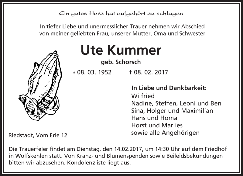 Traueranzeige für Ute Kummer vom 11.02.2017 aus Trauerportal Echo Online