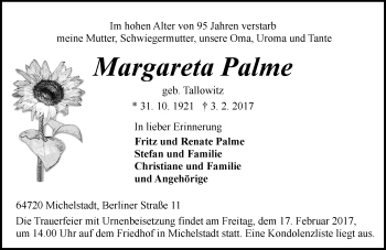 Traueranzeige von Margareta Palme von Trauerportal Echo Online