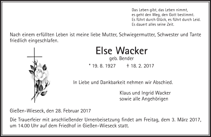  Traueranzeige für Else Wacker vom 28.02.2017 aus  Gießener Anzeiger