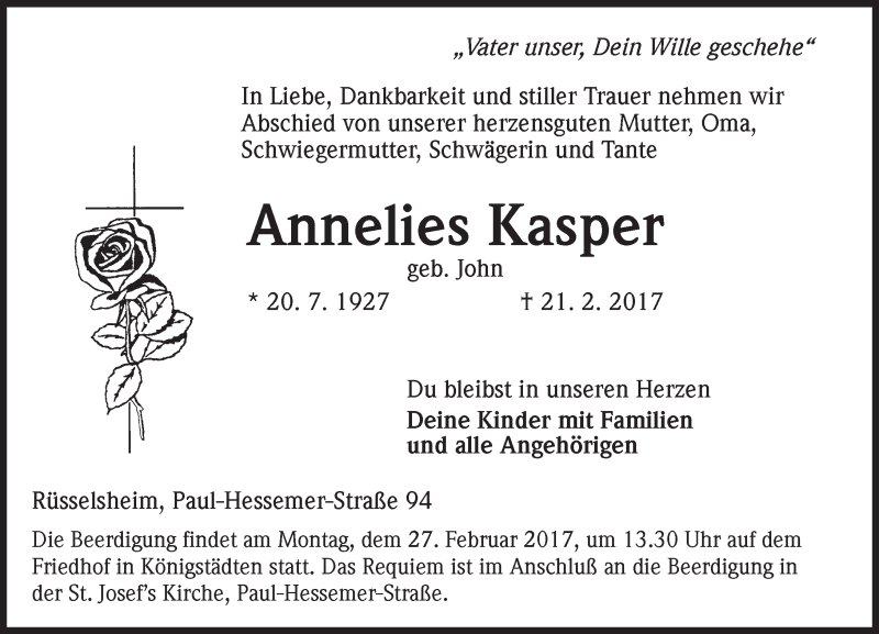  Traueranzeige für Annelies Kasper vom 25.02.2017 aus Trauerportal Rhein Main Presse