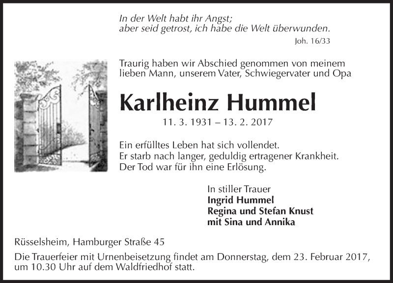  Traueranzeige für Karlheinz Hummel vom 20.02.2017 aus Trauerportal Rhein Main Presse