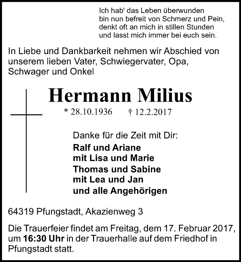  Traueranzeige für Hermann Milius vom 15.02.2017 aus Trauerportal Echo Online