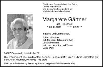 Traueranzeige von Margarete Gärtner von Trauerportal Echo Online