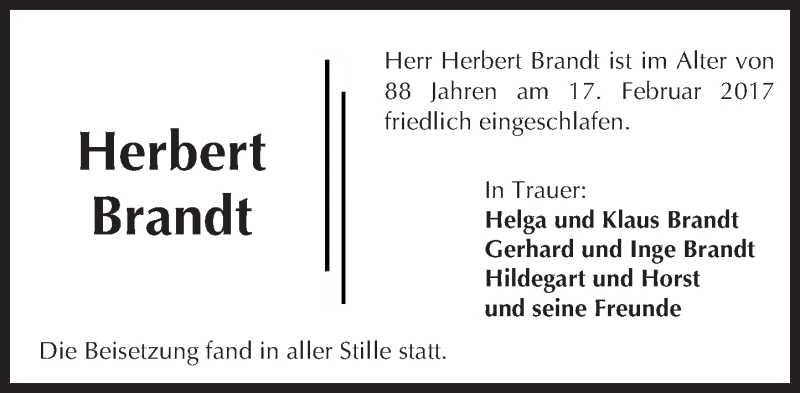  Traueranzeige für Herbert Brandt vom 25.02.2017 aus  Kreisanzeiger