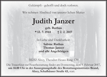 Traueranzeige von Judith Janzer von Trauerportal Rhein Main Presse