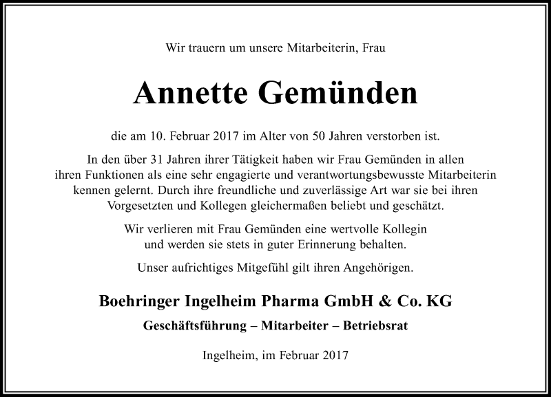  Traueranzeige für Annette Gemünden vom 21.02.2017 aus Trauerportal Rhein Main Presse