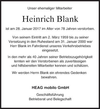Traueranzeige von Heinrich Blank von Trauerportal Echo Online
