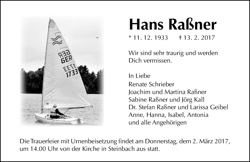  Traueranzeige für Hans Raßner vom 18.02.2017 aus  Gießener Anzeiger