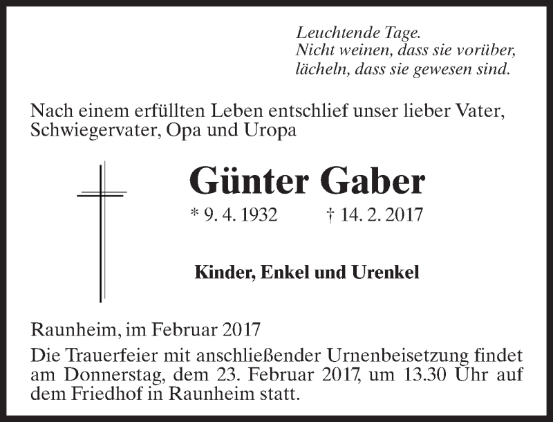  Traueranzeige für Günter Gaber vom 18.02.2017 aus Trauerportal Rhein Main Presse