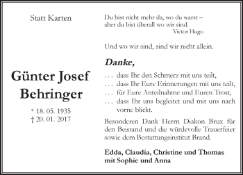 Traueranzeige von Günter Josef Behringer von Trauerportal Rhein Main Presse