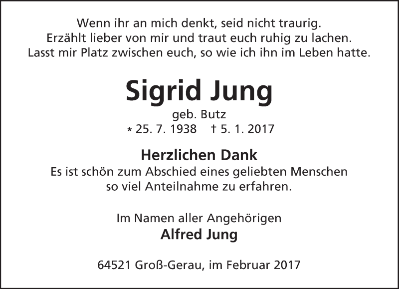  Traueranzeige für Sigrid Jung vom 04.02.2017 aus Trauerportal Echo Online