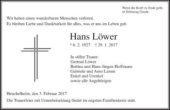 Traueranzeige von Hans Löwer von  Gießener Anzeiger