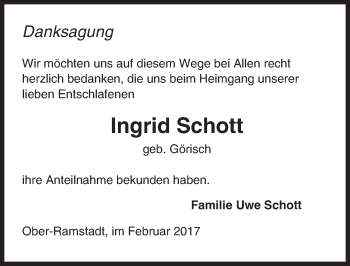 Traueranzeige von Ingrid Schott von Trauerportal Echo Online