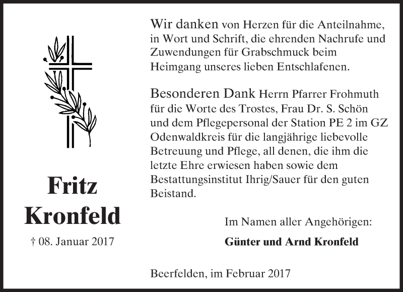  Traueranzeige für Fritz Kronfeld vom 04.02.2017 aus Trauerportal Echo Online