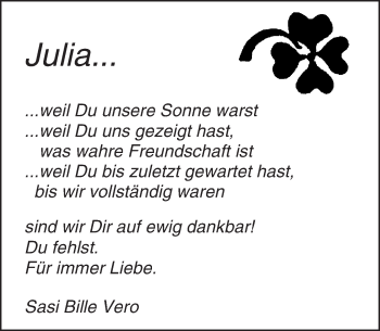 Traueranzeige von Julia  von Trauerportal Rhein Main Presse