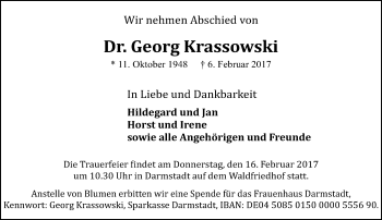 Traueranzeige von Georg Krassowski von Trauerportal Echo Online