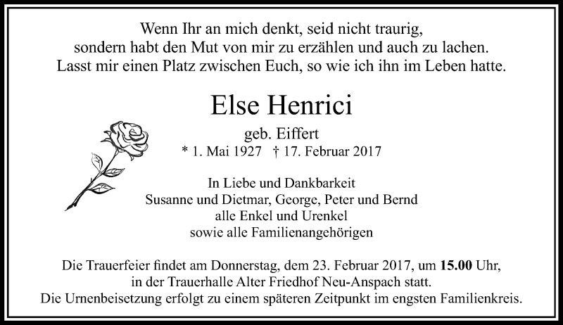  Traueranzeige für Else Henrici vom 20.02.2017 aus  Usinger Anzeiger
