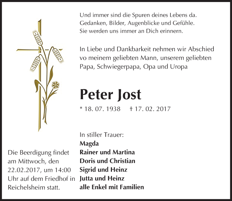  Traueranzeige für Peter Jost vom 21.02.2017 aus Trauerportal Echo Online