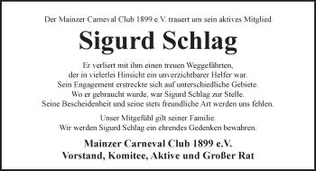Traueranzeige von Sigurd Schlag von Trauerportal Rhein Main Presse
