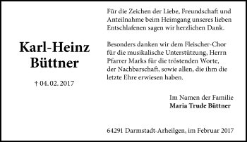 Traueranzeige von Karl-Heinz Büttner von Trauerportal Echo Online