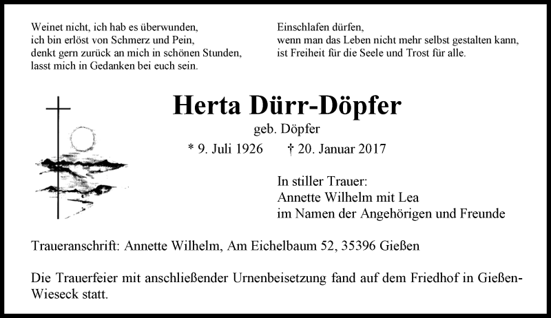  Traueranzeige für Herta Dürr-Döpfer vom 04.02.2017 aus  Gießener Anzeiger