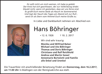 Traueranzeige von Hans Böhringer von  Kreisanzeiger