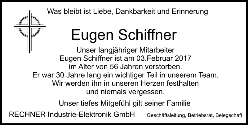  Traueranzeige für Eugen Schiffner vom 14.02.2017 aus Trauerportal Echo Online