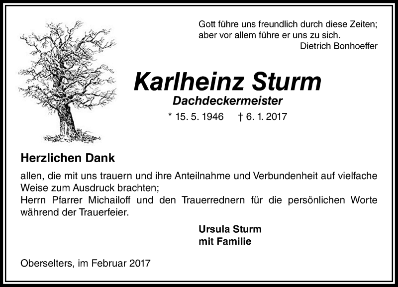  Traueranzeige für Karlheinz Sturm vom 16.02.2017 aus  Camberger Anzeiger