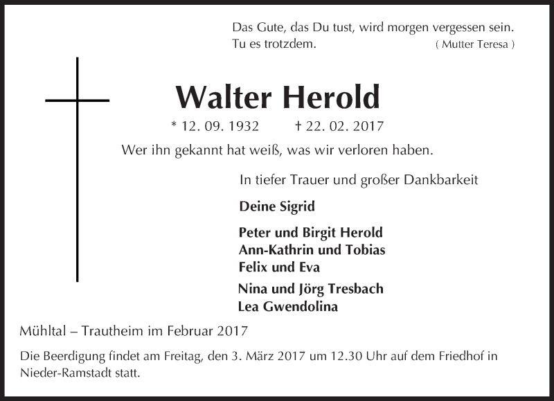  Traueranzeige für Walter Herold vom 25.02.2017 aus Trauerportal Echo Online