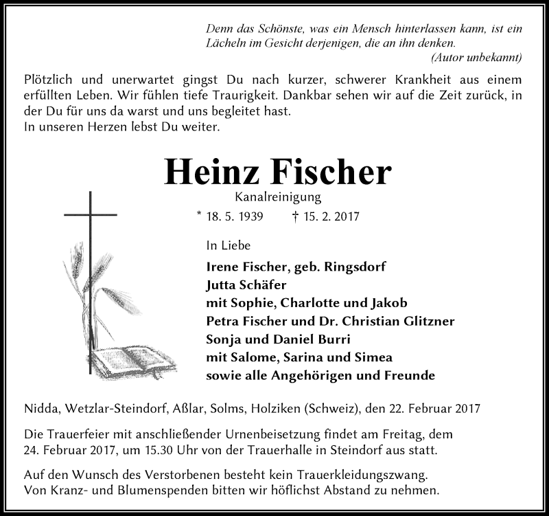  Traueranzeige für Heinz Fischer vom 22.02.2017 aus  Kreisanzeiger
