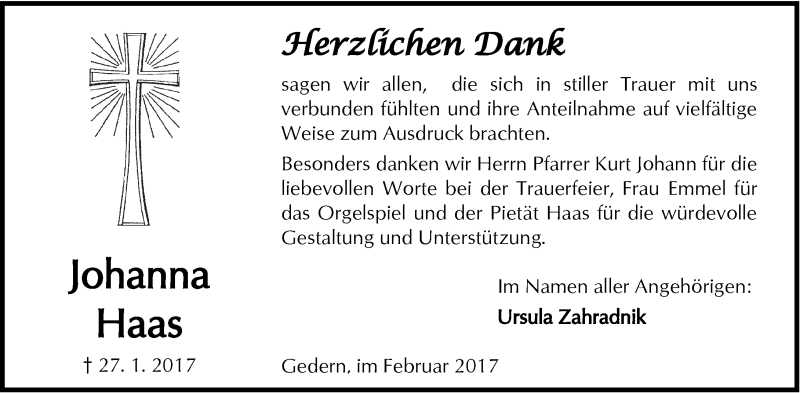  Traueranzeige für Johanna Haas vom 25.02.2017 aus  Kreisanzeiger