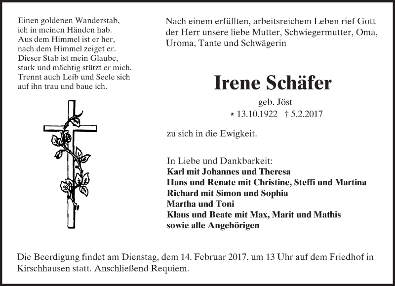  Traueranzeige für Irene Schäfer vom 10.02.2017 aus Trauerportal Echo Online