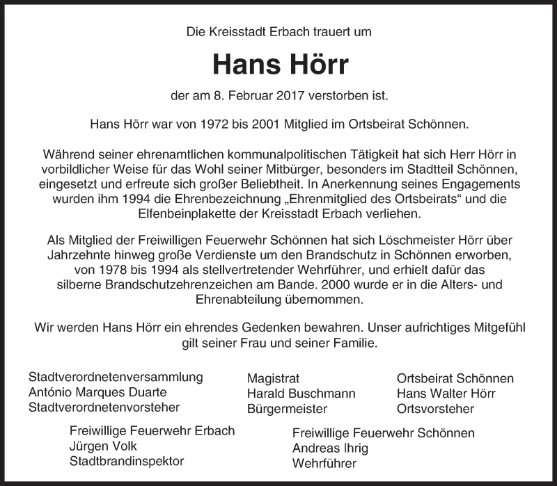  Traueranzeige für Hans Hörr vom 11.02.2017 aus Trauerportal Echo Online