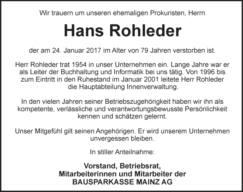  Traueranzeige für Hans Rohleder vom 02.02.2017 aus Trauerportal Rhein Main Presse