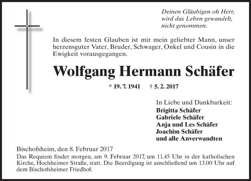  Traueranzeige für Wolfgang Hermann Schäfer vom 08.02.2017 aus Trauerportal Rhein Main Presse