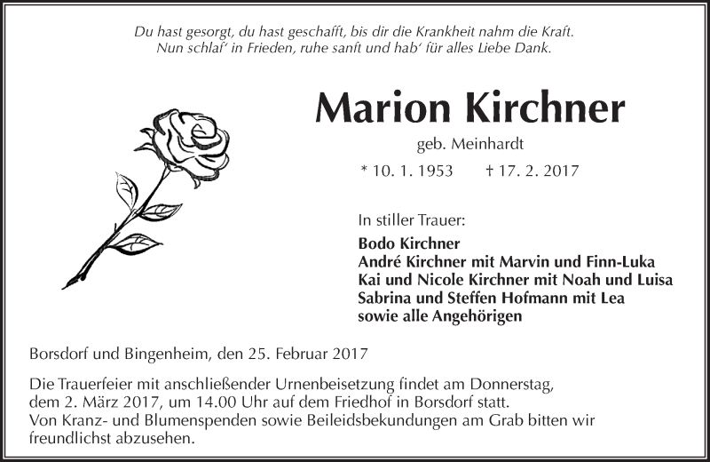  Traueranzeige für Marion Kirchner vom 25.02.2017 aus  Kreisanzeiger