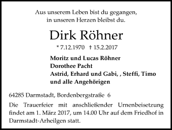 Traueranzeige von Dirk Röhner von Trauerportal Echo Online