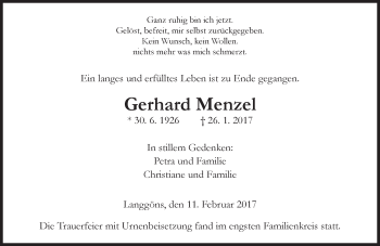 Traueranzeige von Gerhard Menzel von  Gießener Anzeiger